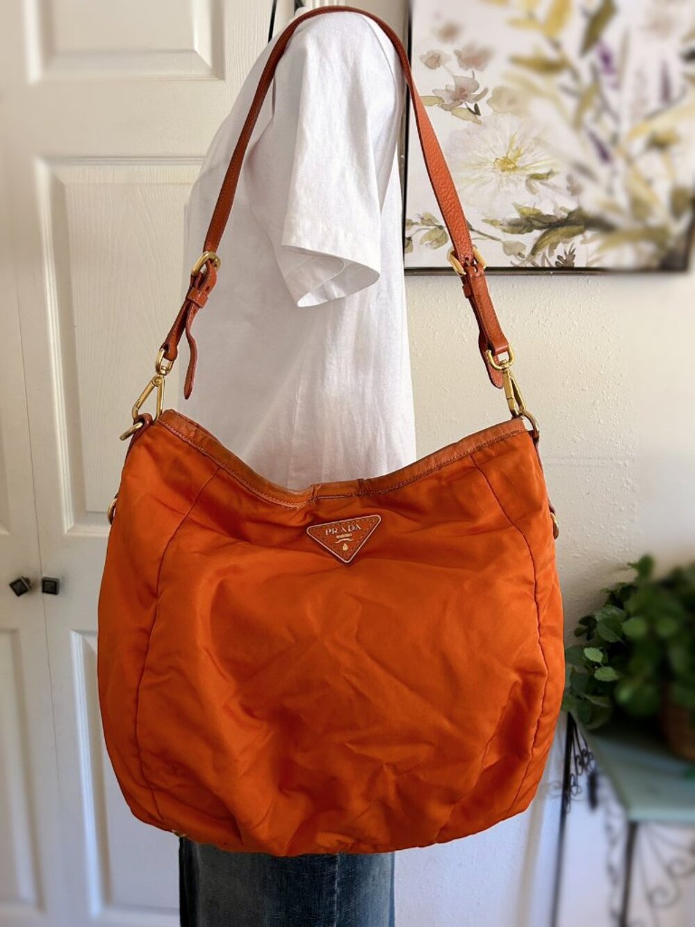 Prada Auth Orange Nylon Logo Hobo Shoulder Bag Leather Strap